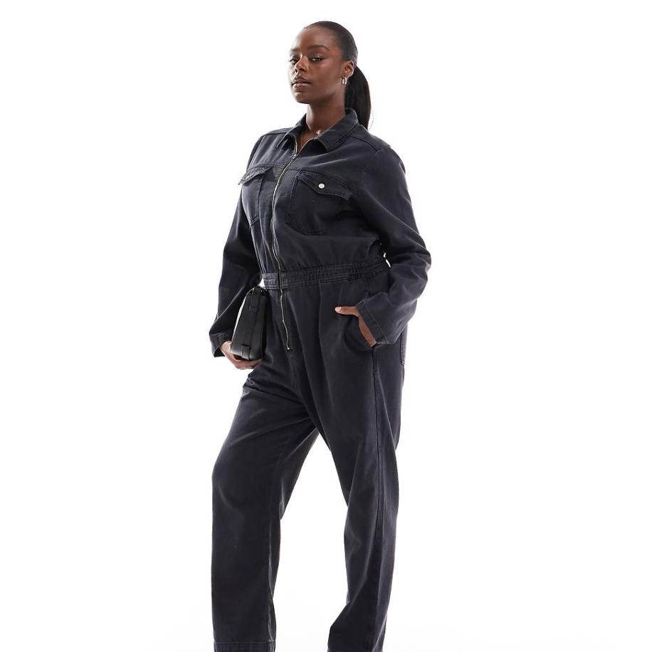 ASOS DESIGN Curve- Denim overall met rits en elastische tailleband in zwart met wassing Zwart