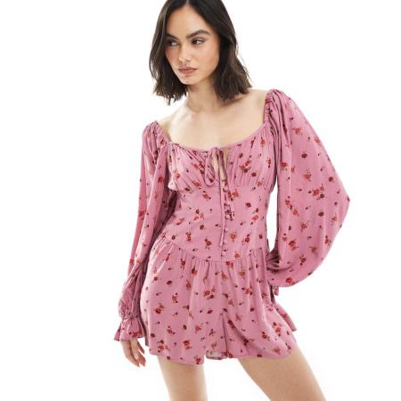 Miss Selfridge Playsuit met lange mouwen en fijne bloemenprint in roze-Veelkleurig