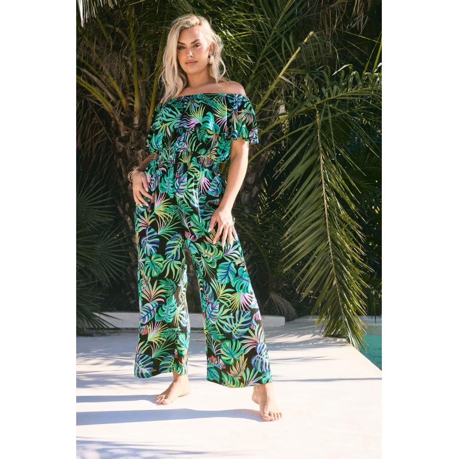 Yours Jumpsuit Met Bardothals En Tropische Bladerprint In Groen Size 58-60 Groen