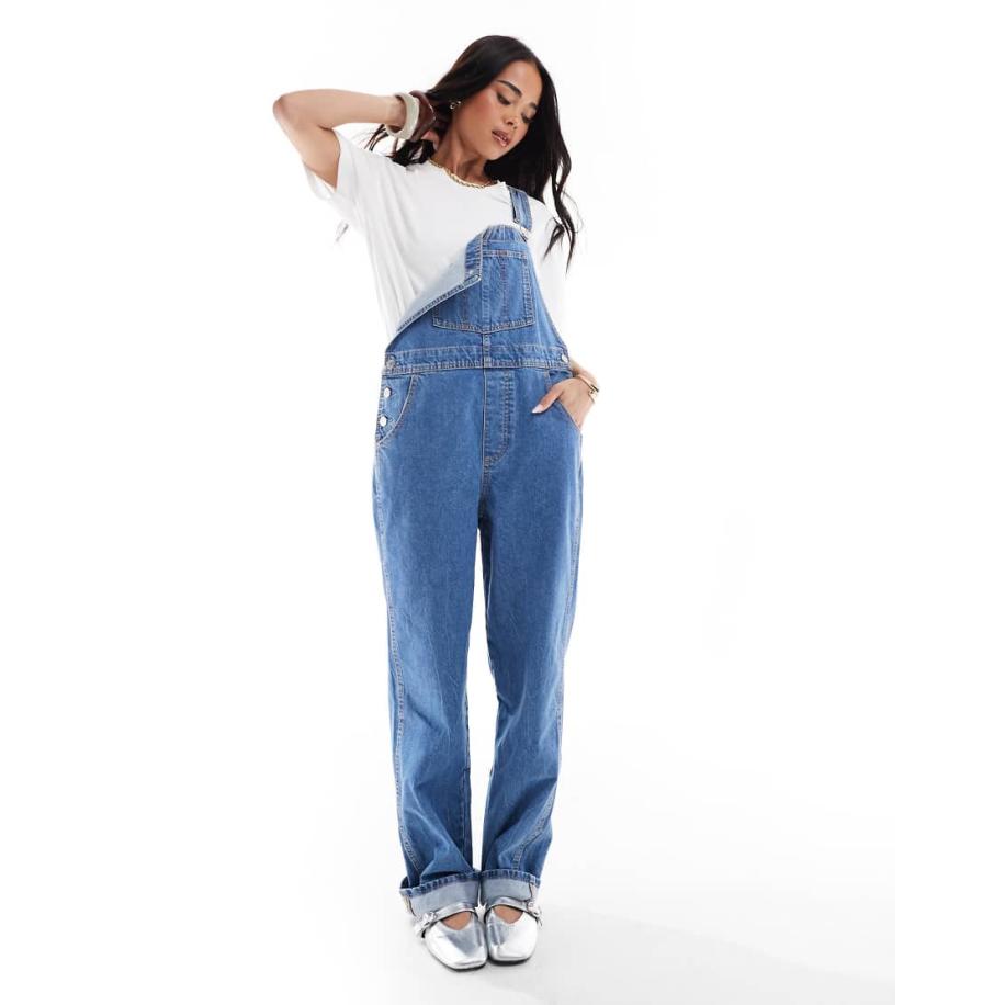 ASOS DESIGN Denim tuinbroek in middenblauw Blauw
