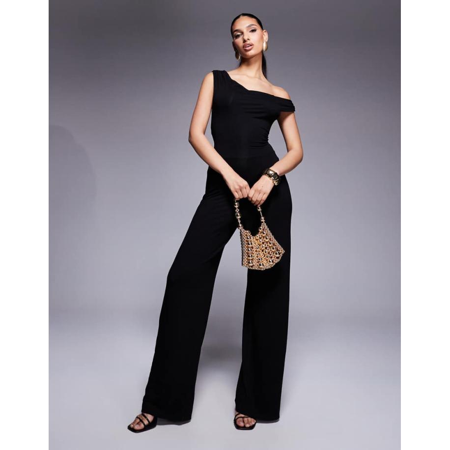 ASOS DESIGN Jumpsuit met afhangende gedraaide schouder en veters aan de achterkant in zwart Zwart