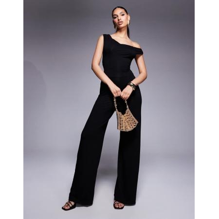 ASOS DESIGN Jumpsuit met afhangende gedraaide schouder en veters aan de achterkant in zwart