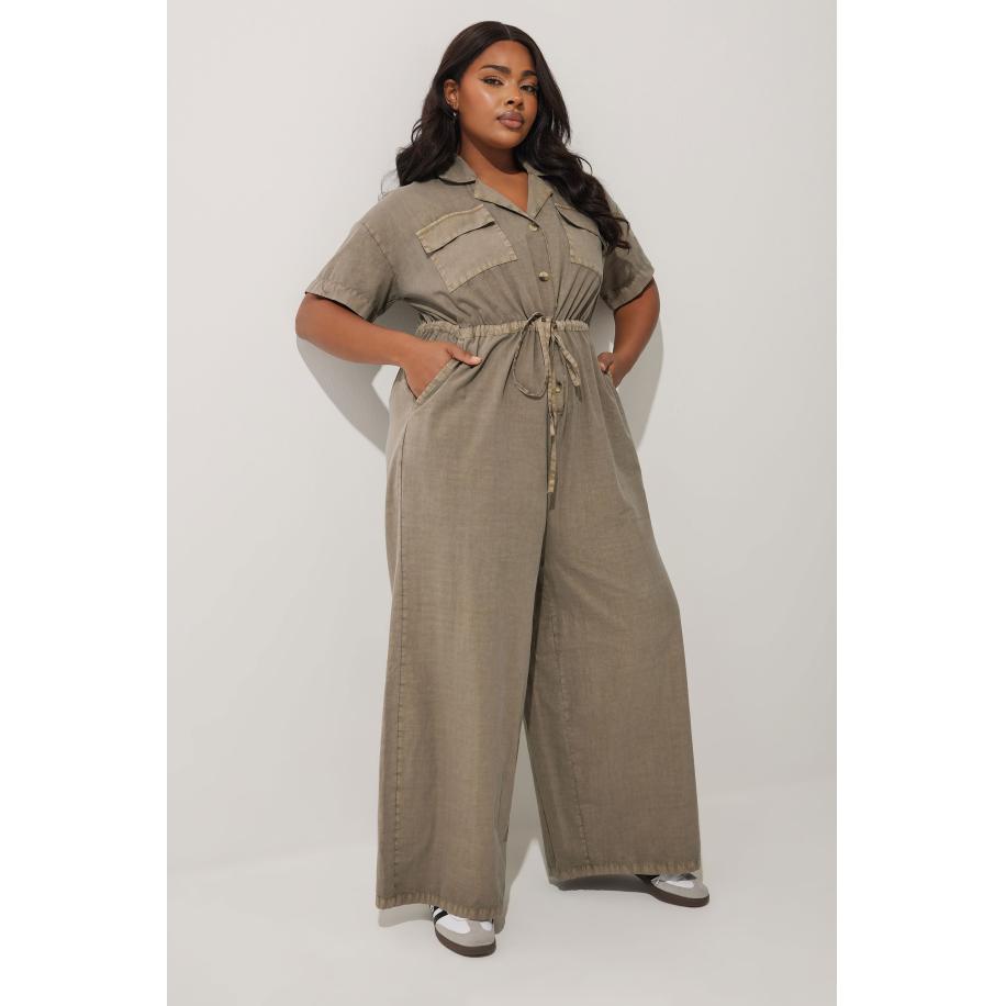 Limited Collection Katoenen Jumpsuit Met Strikdetail In Taille In Gewassen Bruin Size 58-60 Bruin