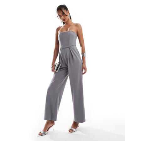 ASOS DESIGN Jumpsuit met korset, bandeau-halslijn en wijde pijpen in rookgrijs