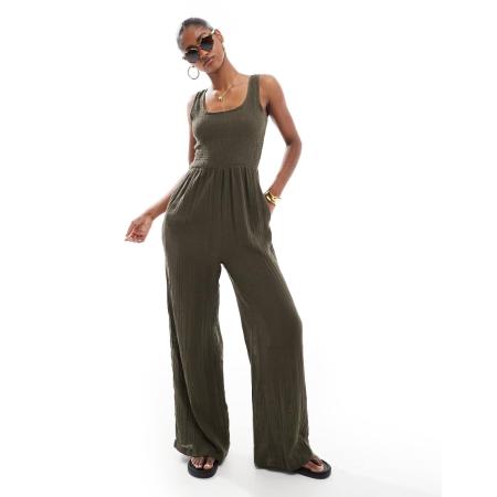 Brave Soul Jumpsuit met lage ronde hals in kaki-Groen