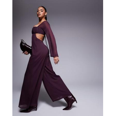 ASOS DESIGN Jumpsuit van satijn met wijde pijpen en uitsnijding in paars