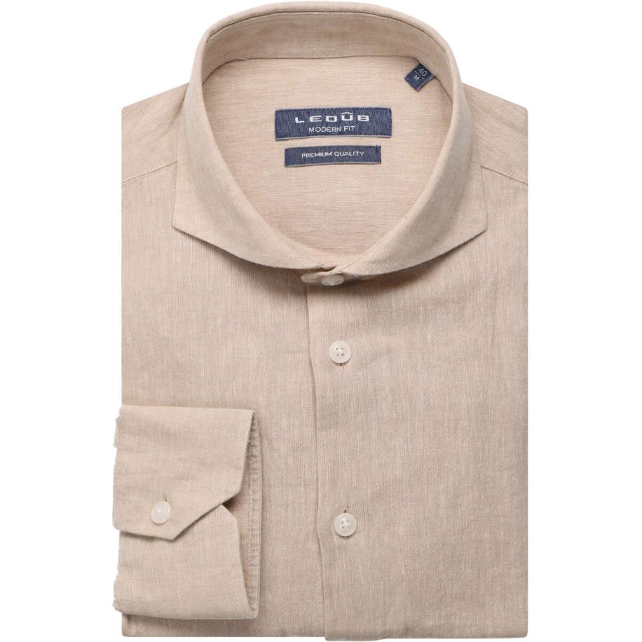 Ledȗb Linnen Overhemd lichtbruin, Effen Bruin