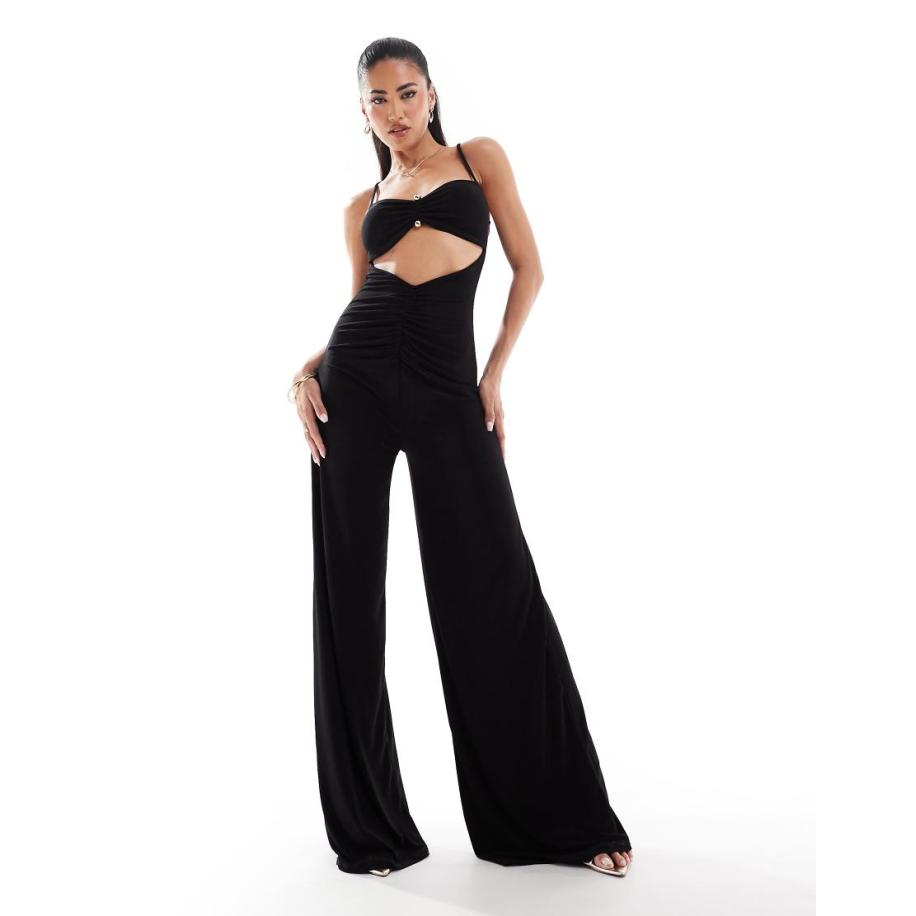ASOS DESIGN Jumpsuit van gladde stof met camibandjes en wijde pijpen in zwart-Paars Paars
