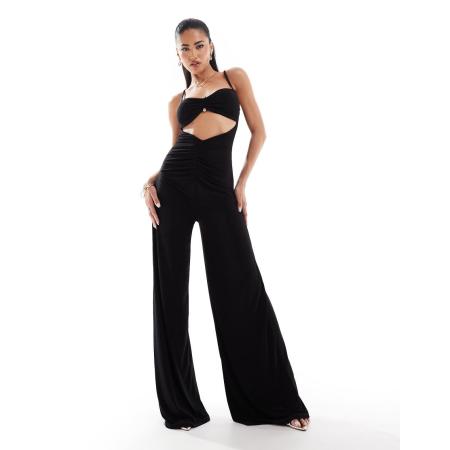 ASOS DESIGN Jumpsuit van gladde stof met camibandjes en wijde pijpen in zwart-Paars