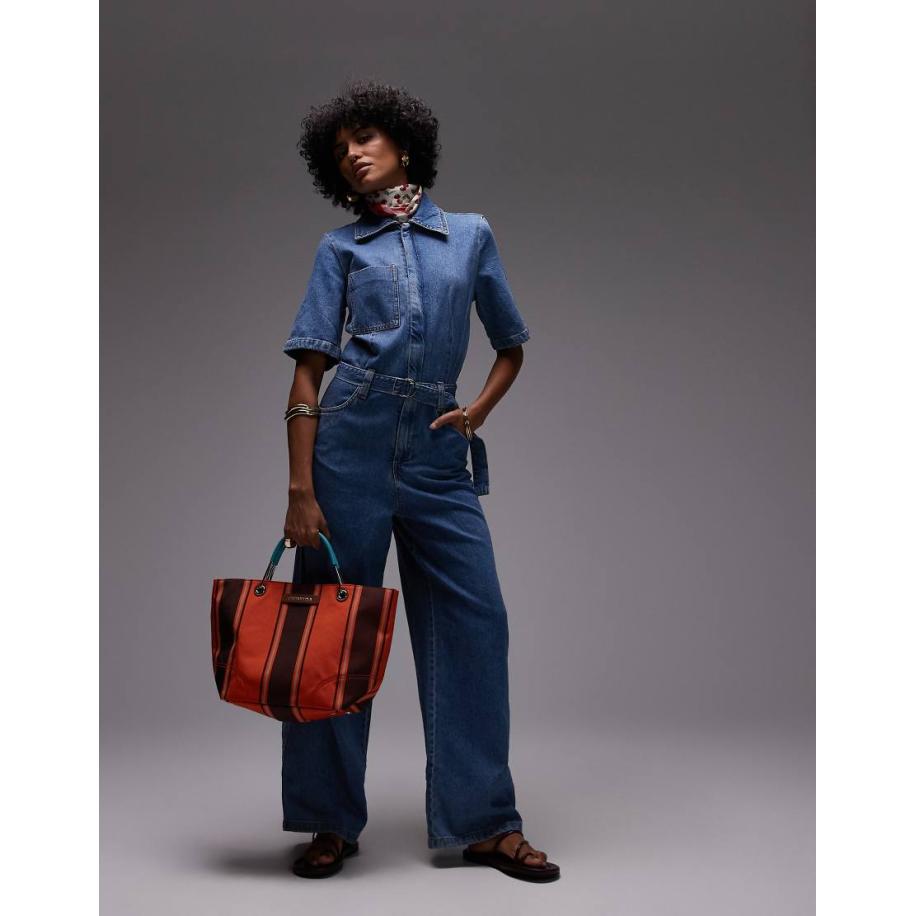 Mango Oversized denim jumpsuit met korte mouwen en riem in lichtblauw Blauw