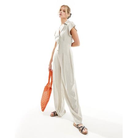 ASOS DESIGN Jumpsuit van linnen met kraagje en knoopsluiting in lichtbeige-Neutraal