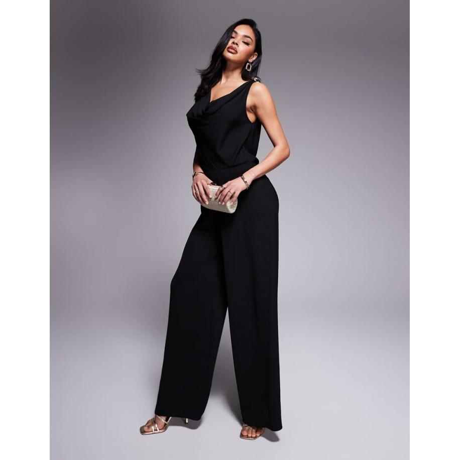 ASOS DESIGN Jumpsuit met gedrapeerde halslijn, wijde pijpen en gouden details in zwart Zwart