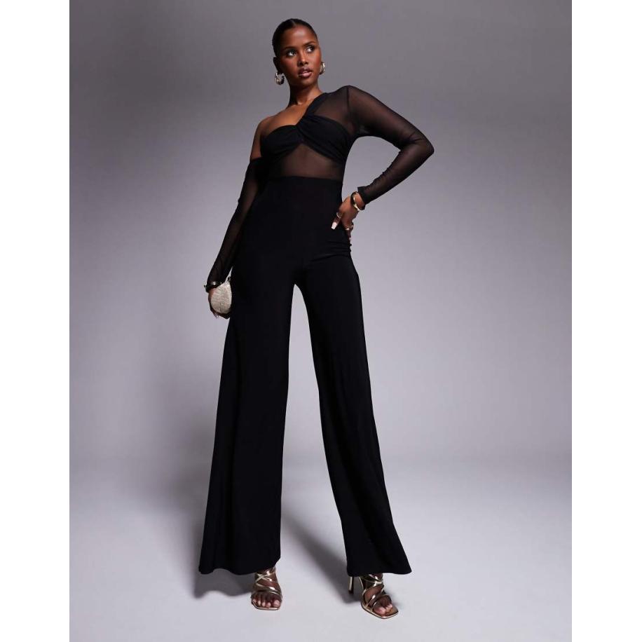 ASOS DESIGN Jumpsuit van meshmix met lange mouwen en verlaagde schouders in zwart Zwart