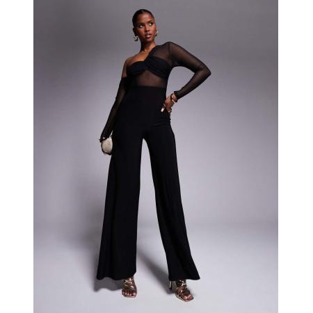 ASOS DESIGN Jumpsuit van meshmix met lange mouwen en verlaagde schouders in zwart
