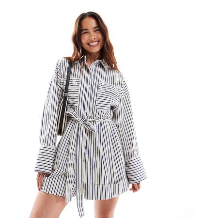 ASOS DESIGN Elegante gestreepte short met blouson overshirt in blauw-Veelkleurig