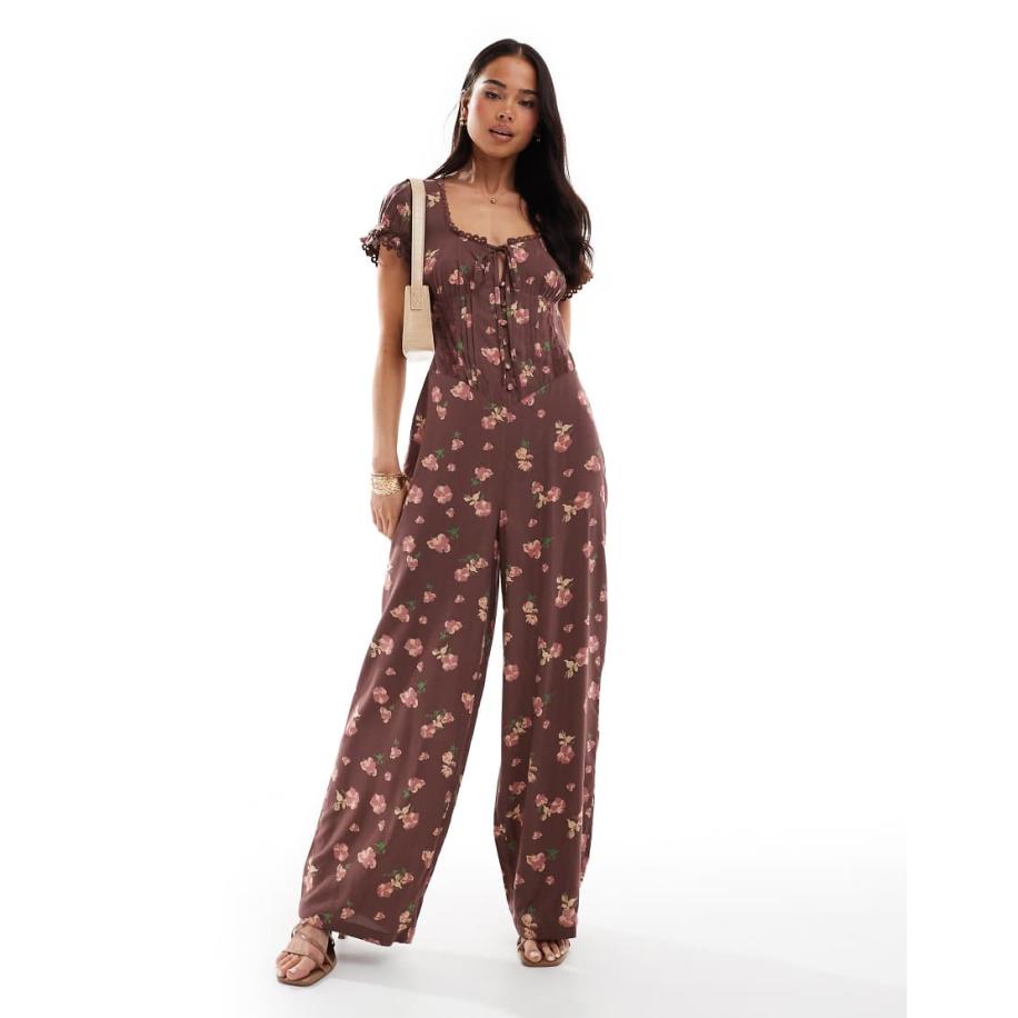 ASOS DESIGN Jumpsuit met gesponnen kanten rand en korsettaille in mauve met bloemenprint-Veelkleurig Multicolor