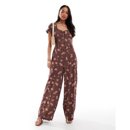 ASOS DESIGN Jumpsuit met gesponnen kanten rand en korsettaille in mauve met bloemenprint-Veelkleurig