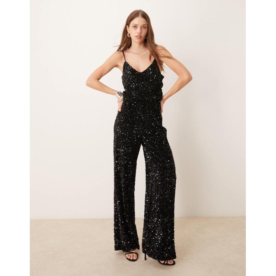 Vila Mouwloze jumpsuit met V-hals en lovertjes in zwart Zwart