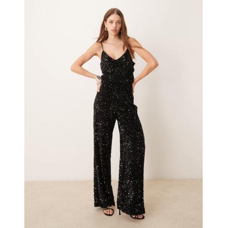 Vila Mouwloze jumpsuit met V-hals en lovertjes in zwart