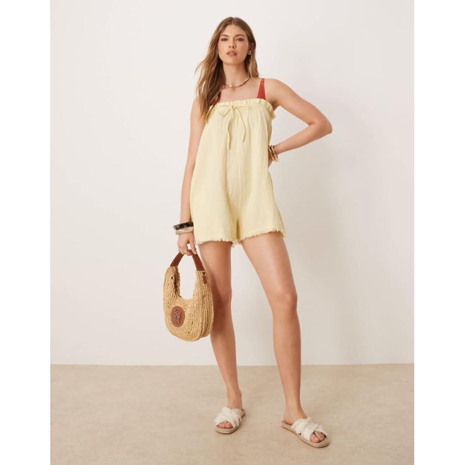 ASOS DESIGN Callie Bandeau playsuit van kaasdoek in roomwit-Geel Geel