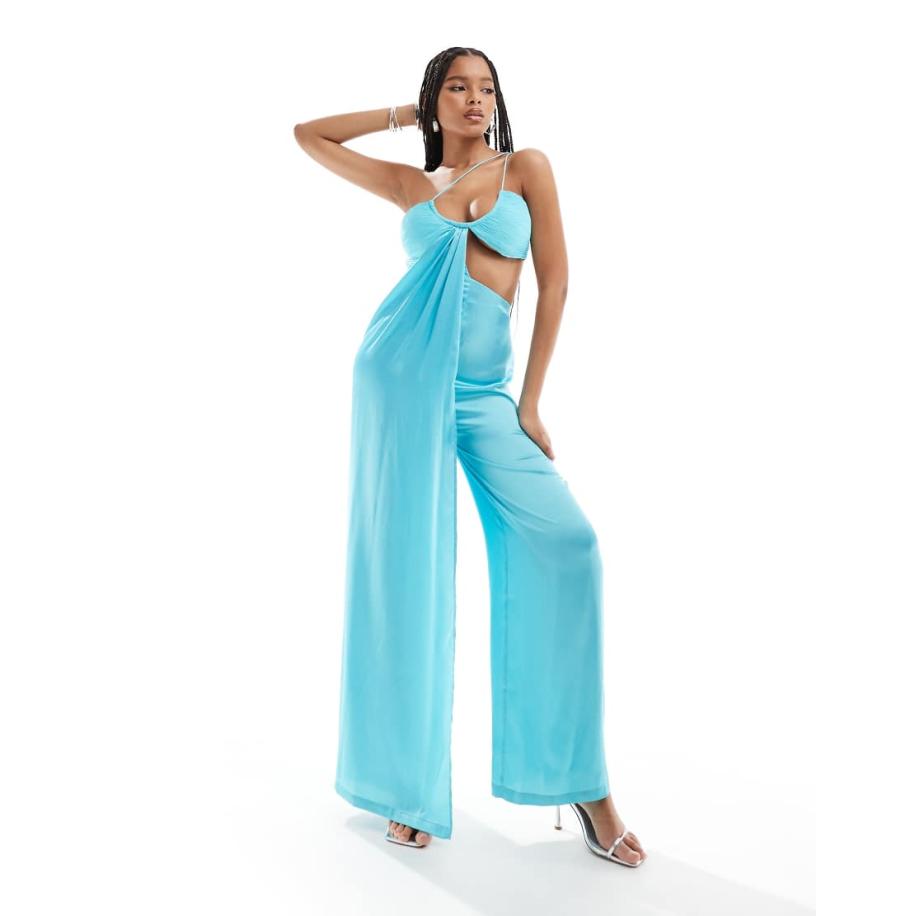 ASOS DESIGN Satijnen jumpsuit van chiffonmix met wijde pijpen en uitsnijding in turquoise-Blauw Blauw