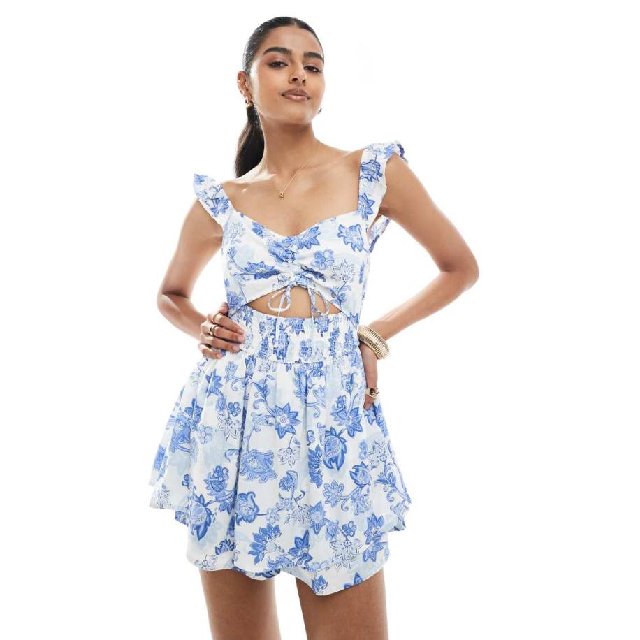 Hollister Playsuit met fladdermouwen en uitsnijding in blauwe bloemenprint Blauw