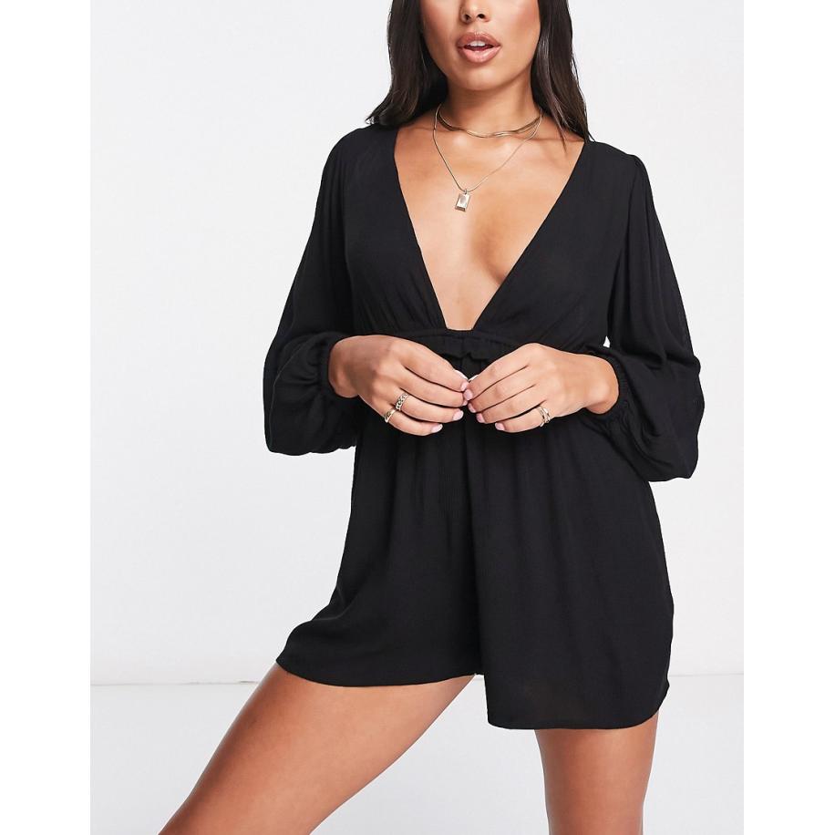 ASOS DESIGN Diep uitgesneden strandplaysuit met volumineuze mouwen in zwart Multicolor