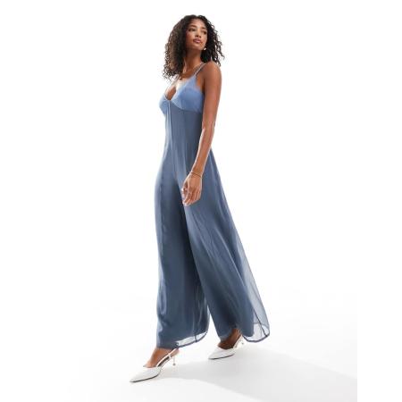 ASOS DESIGN Doorschijnende jumpsuit van chiffon met v-hals in twee kleuren blauw