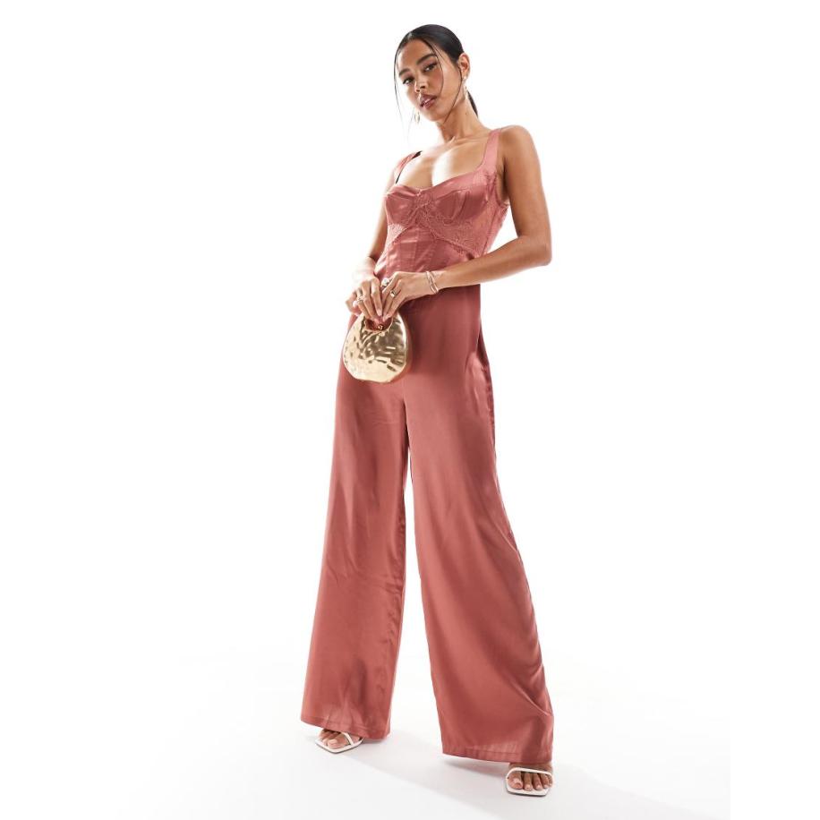 ASOS DESIGN Jumpsuit met wijde pijpen en korsetdetail in mix van kant en satijn in bruin Bruin