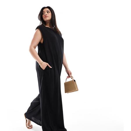 ASOS DESIGN Curve Jumpsuit met rechte wijde pijpen en schoudervullingen in zwart