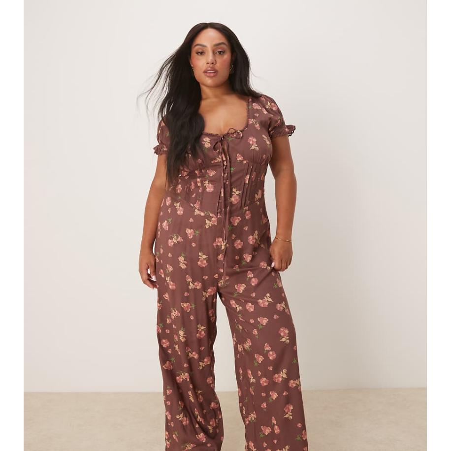 ASOS DESIGN Curve Jumpsuit met gesponnen kanten rand en korsettaille in mauve met bloemenprint-Veelkleurig Multicolor
