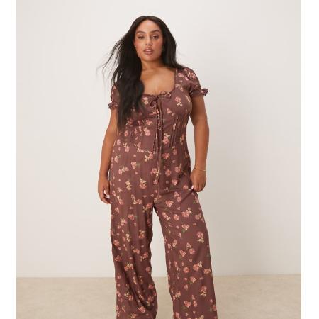 ASOS DESIGN Curve Jumpsuit met gesponnen kanten rand en korsettaille in mauve met bloemenprint-Veelkleurig