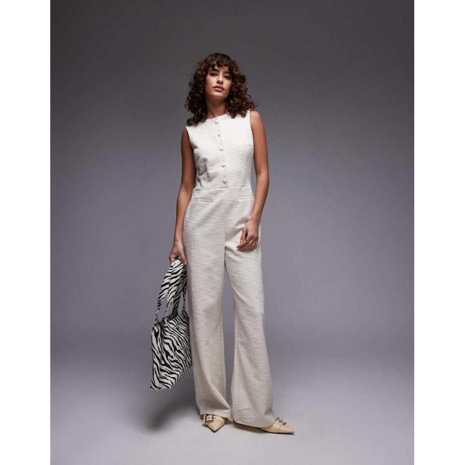 Mango Jumpsuit met knopen en ronde hals in licht beige-Neutraal Multicolor