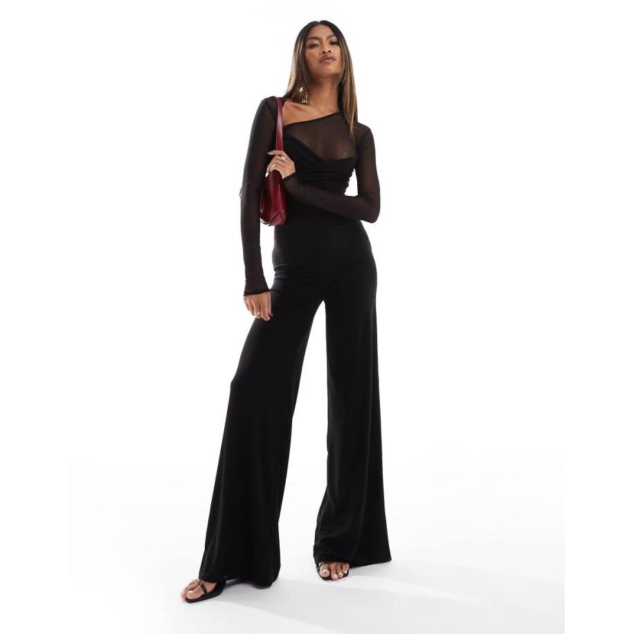 ASOS DESIGN Jumpsuit van meshmix met lange mouwen en gedraaide buste in zwart Zwart