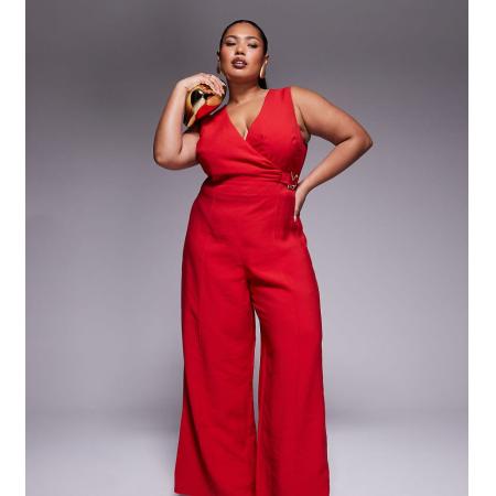 ASOS DESIGN Curve Jumpsuit met overslag, uitsnijding en gespdetail in rood