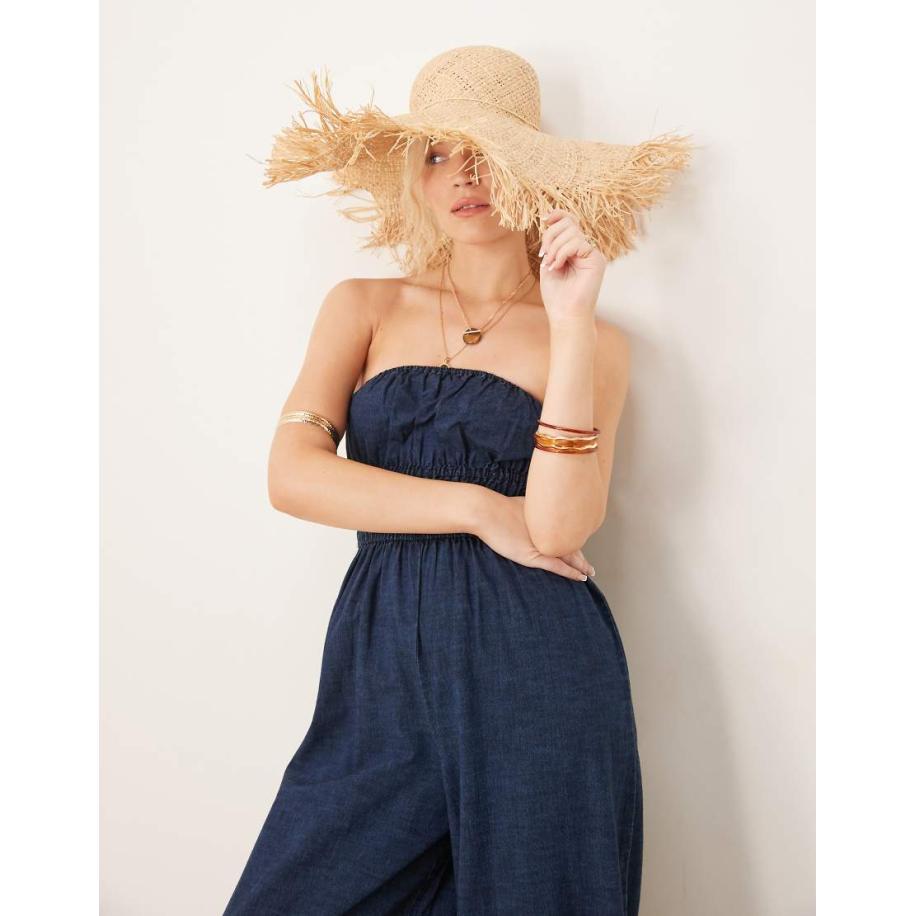 ASOS DESIGN Zachte strapless denim jumpsuit met wijde pijpen en gesmokte taille in rinsewash-Blauw Blauw