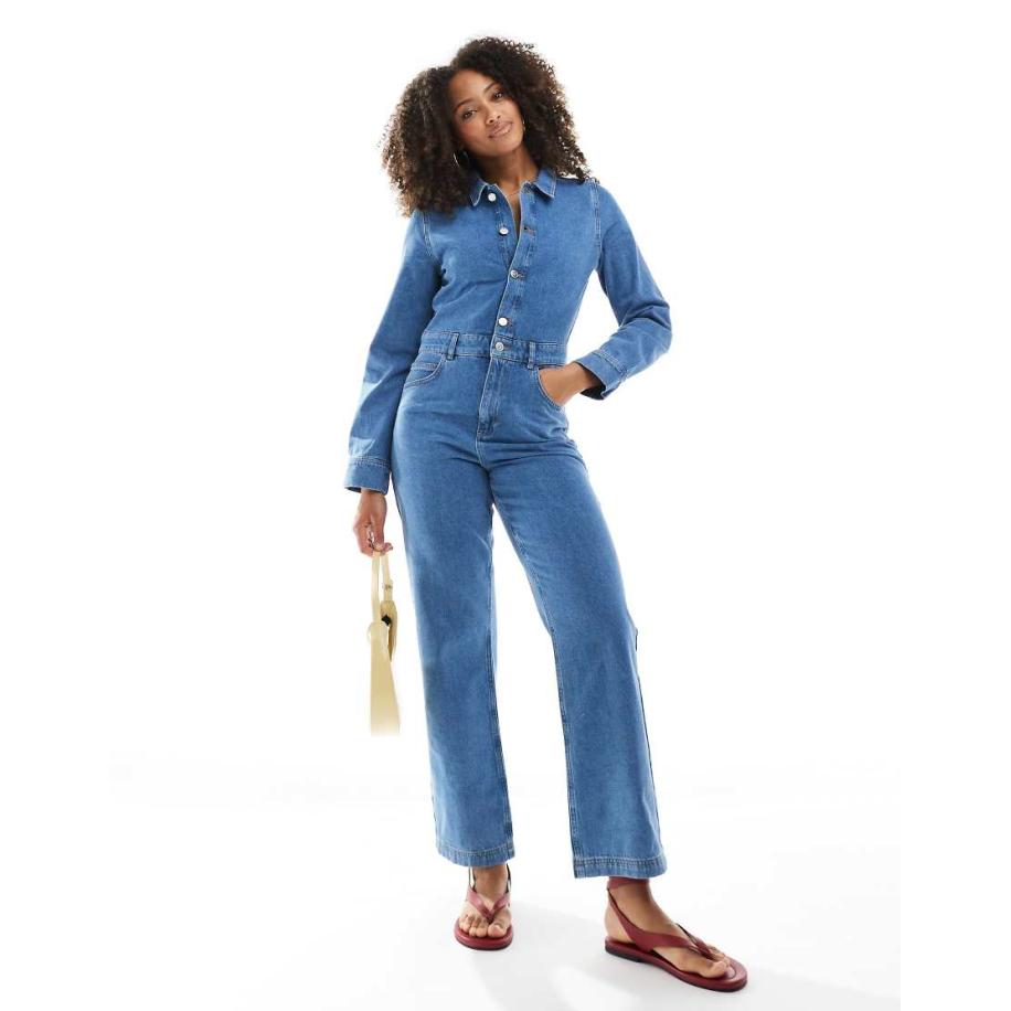 Miss Selfridge Denim jumpsuit met rechte pijpen in mid-wash-Blauw Blauw
