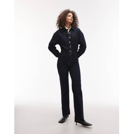 Mango Denim jumpsuit met riem in donkerblauw