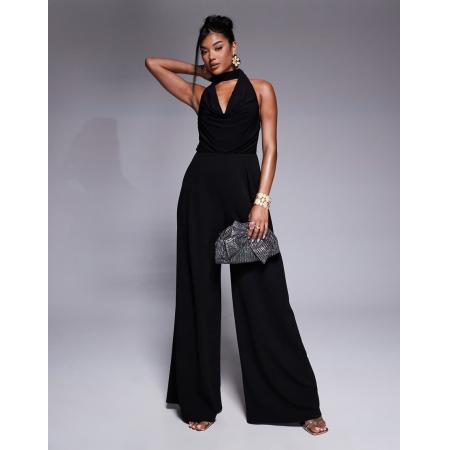 ASOS DESIGN Jumpsuit van stoffenmix met gedrapeerde, gestrikte hals en wijde pijpen in zwart