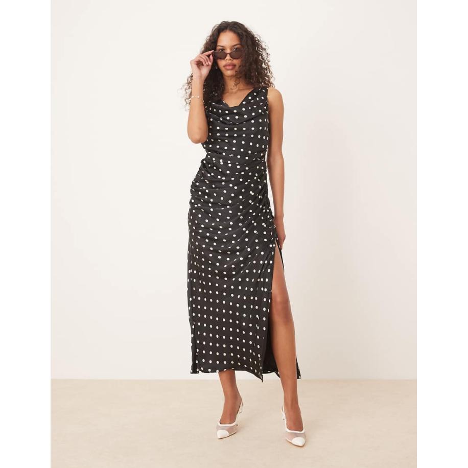Abercrombie & Fitch Maxi-jurk met gedrapeerde halslijn en stippen in zwart Zwart