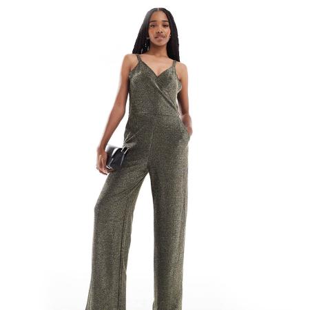Vero Moda Tall Jumpsuit met wijde pijpen en bandjes in zwart en gouden glitter