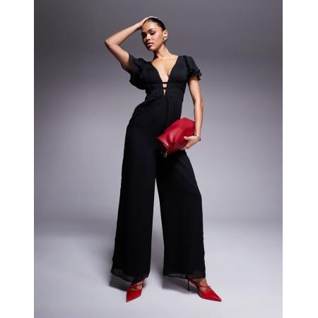 ASOS DESIGN Gerimpelde jumpsuit met fladdermouwen en wijde pijpen in zwart