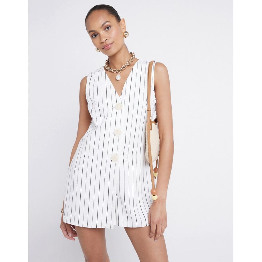 River Island Gestreepte playsuit met knoopsluiting in crème-Wit Wit