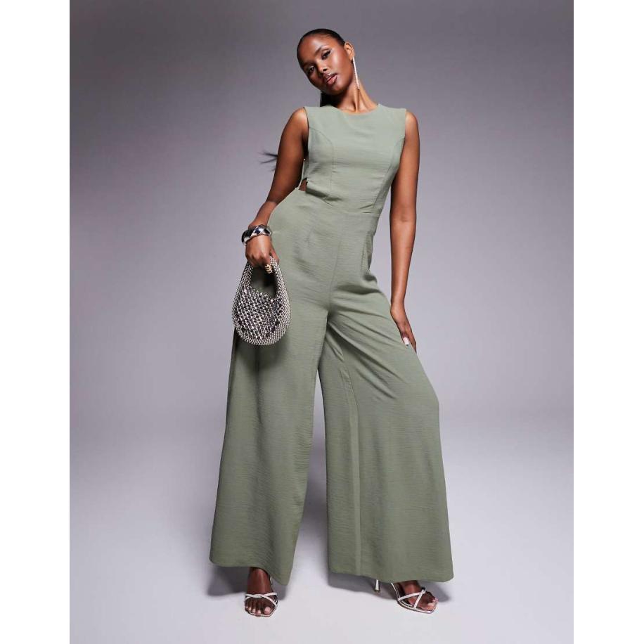 ASOS DESIGN Jumpsuit met wijde pijpen en gesp in khaki-Groen Groen