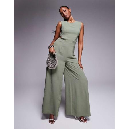 ASOS DESIGN Jumpsuit met wijde pijpen en gesp in khaki-Groen