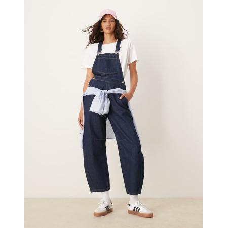 ASOS DESIGN Denim tuinbroek met wijde ronde pijpen in indigo-Marineblauw