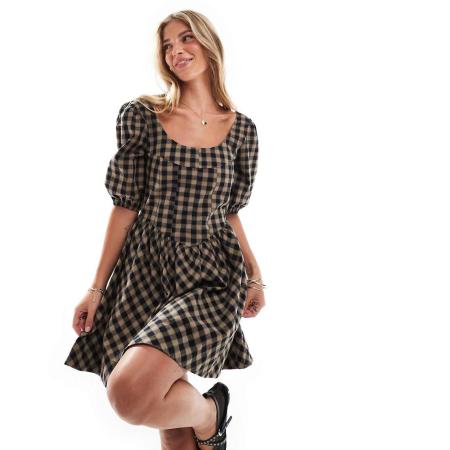 ASOS DESIGN Aangerimpelde mini jurk met korsettaille in bruine en zwarte gingham ruit-Veelkleurig