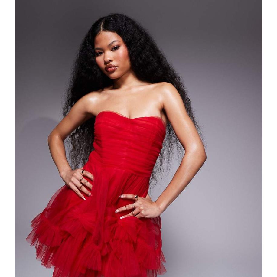 Lace & Beads Petite Mini korsetjurk met overlay van tulle met strikken in rood Rood