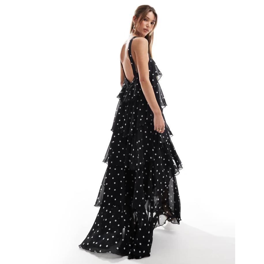 Vero Moda Felicia Maxi-jurk met halternek, stroken, corsage en stippenprint in zwart Zwart