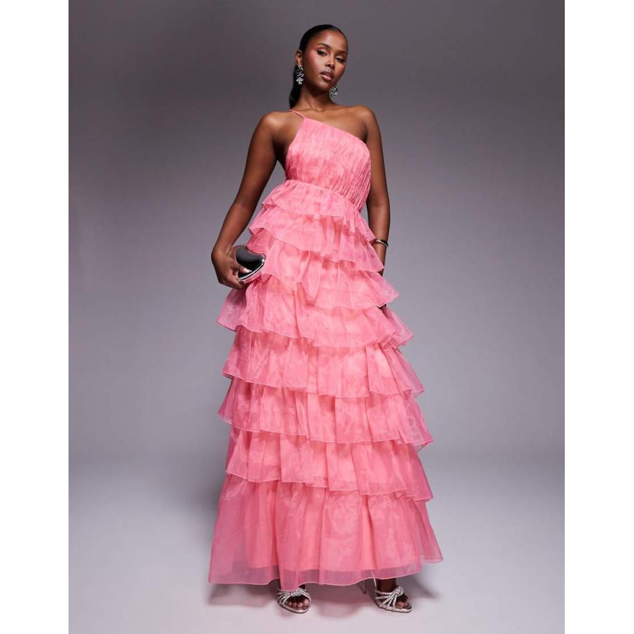 ASOS LUXE Asymmetrische maxi-jurk van organza met ruches in roze Roze